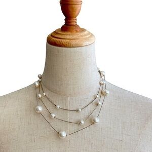 Vintage Pearls Faux Triple Strand Silver Tone Link Chain 3 Sizes Of Pearls